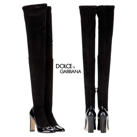 DOLCE & GABBANA Round Toe Pump Insert Over The Knee Suede Sock Boots Black Sz 36 - Picture 3 of 15